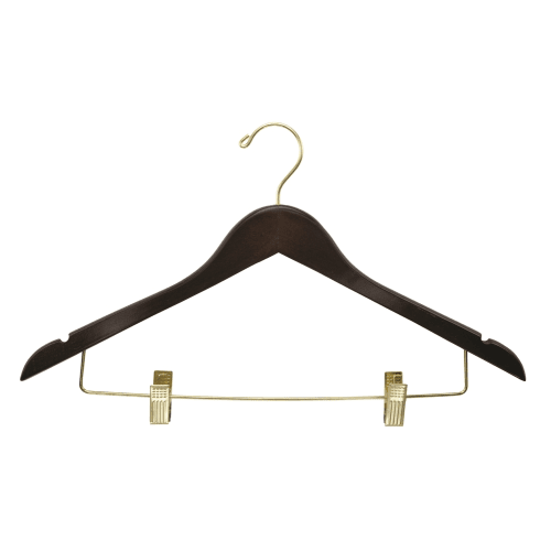 Women's Hanger, Flat Open Hook with Clips, Walnut with Brass Hook & Clips