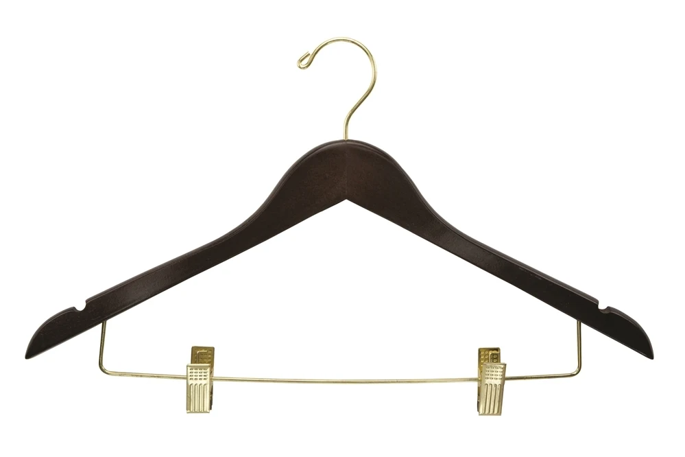 Women's Hanger, Flat Open Hook with Clips, Walnut with Brass Hook & Clips 0