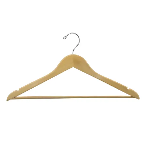 Men's Hanger, Flat Open Hook with Dowel Bar, Natural with Nickel Hook
