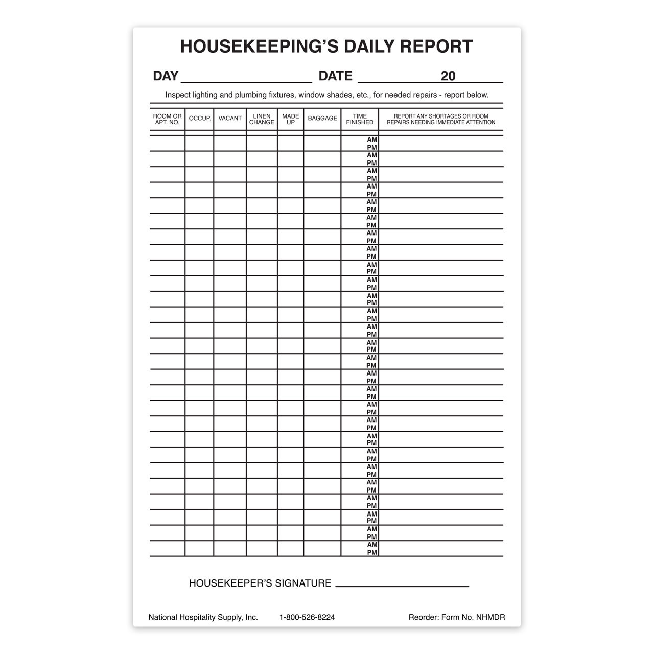 Housekeeping's Daily Report (100 Reports/Pad) - 5 Pads/Pk.