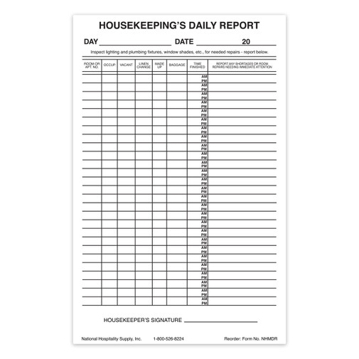 Housekeeping's Daily Report (100 Reports/Pad) - 5 Pads/Pk. 0