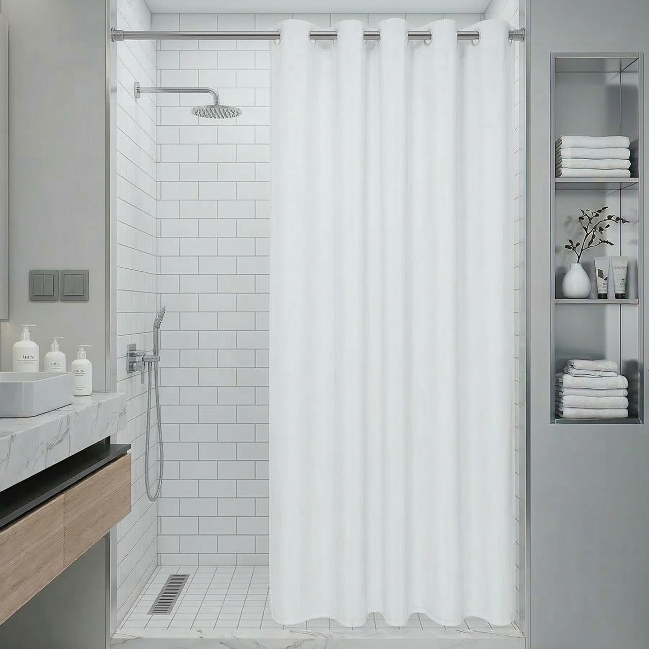 71" x 74" Pre-Hooked Poly Shower Curtain - 12/ctn.